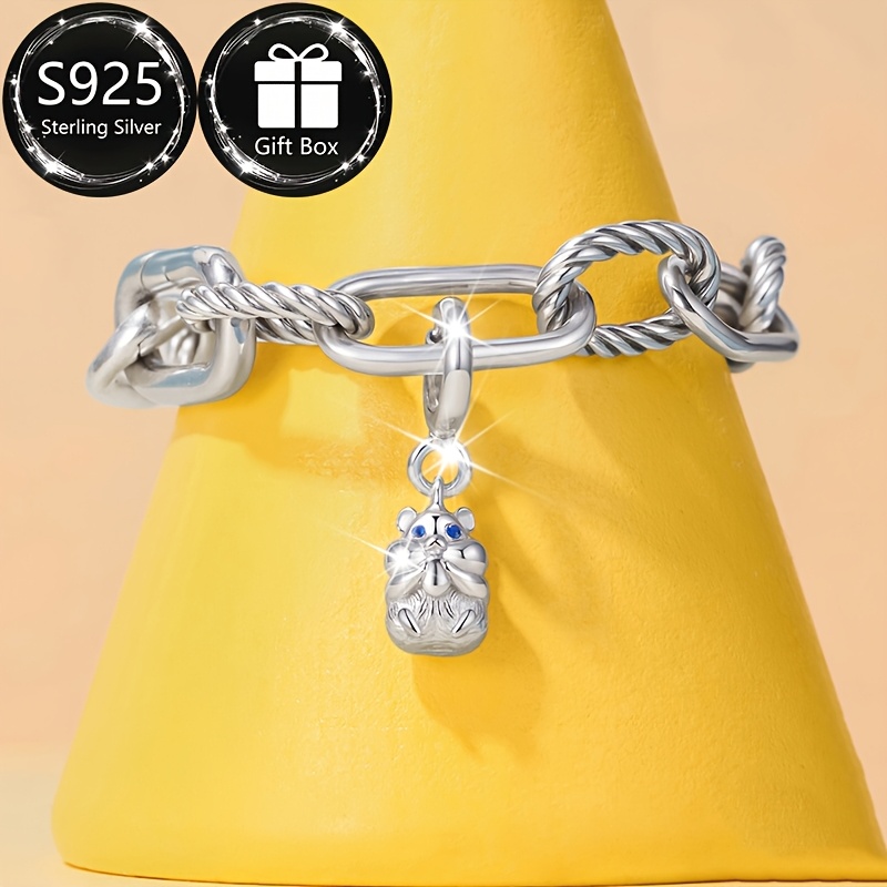 Sterling Silver Hamster Pendant with Zirconia Inlay Bead for DIY Bracelets